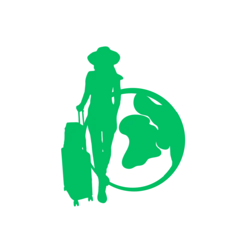 Zielone logo przedstawiające kontury kobiety w kapeluszu z walizką na tle globu.